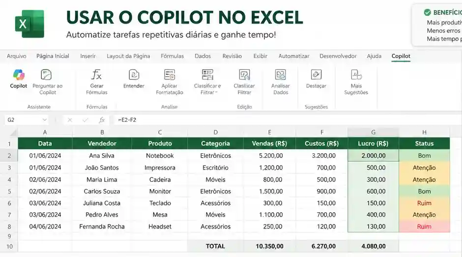 Como usar o Copilot no Excel para automatizar tarefas repetitivas