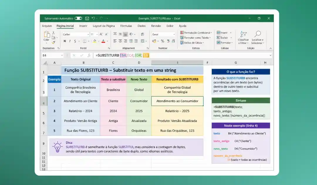 Função SUBSTITUIRB no Excel