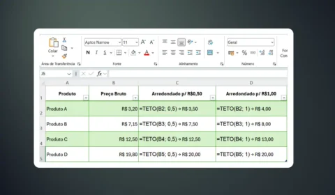 Função TETO no Excel