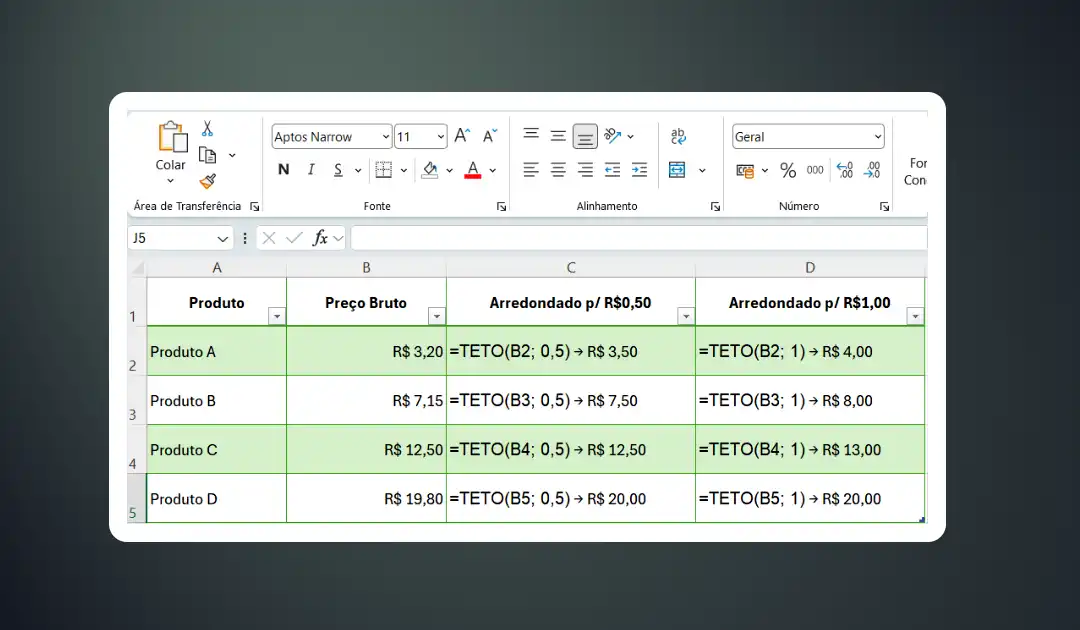 Função TETO no Excel